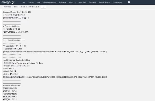 A screenshot of leaked personal information of a senior executive on the dark web