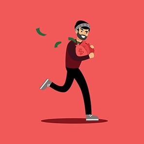 An illustration of a robber running away with bags of cash
