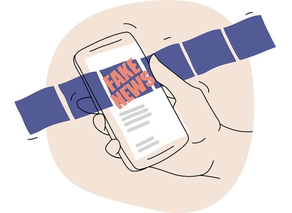 An illustration of a hand holding a phone, scrolling through posts of "fake news"