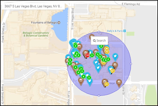 A screenshot of a geo-fence surrounding an area in Las Vegas, displaying indicators of social media posts