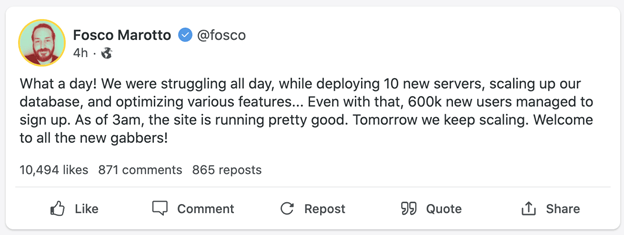 A screenshot of a social media post from Gab's CEO, Fosco Marotto