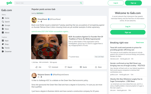 A screenshot from the social media platform Gab