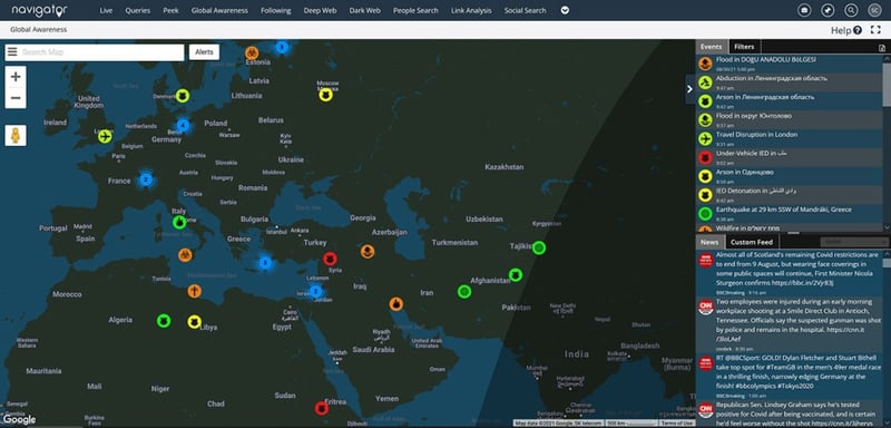A screenshot of Navigator's Global Awareness risk map feature