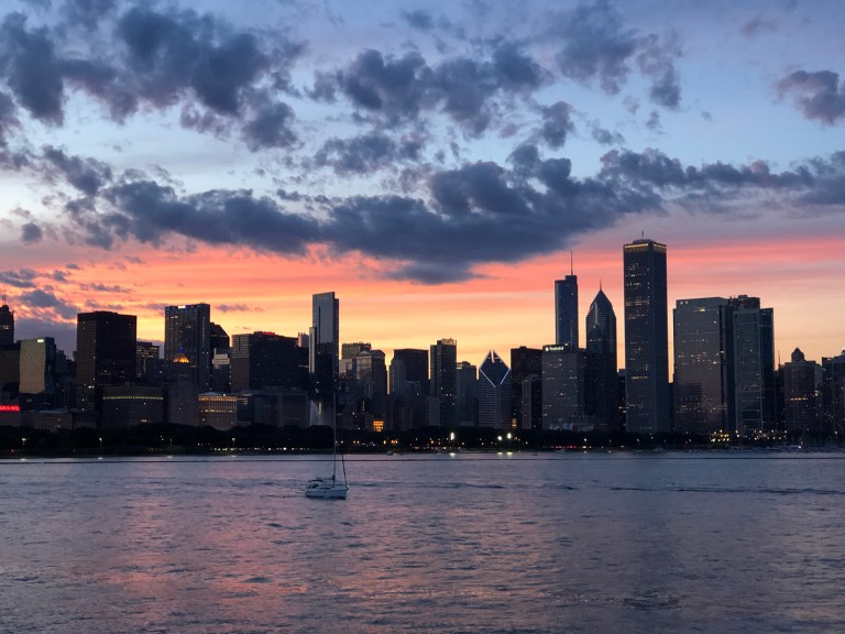 The Chicago cityline at sunset during the 2019 GSX conference