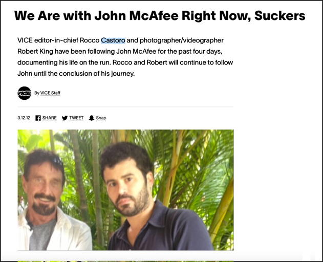 A screenshot of a Vice article that internet sleuths used to learn John McAfee had not left Guatemala