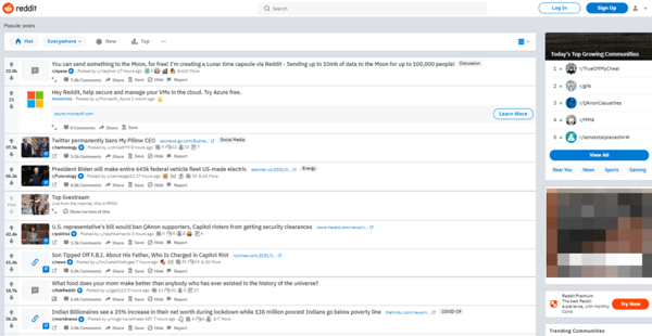 A screenshot of Reddit's front page.