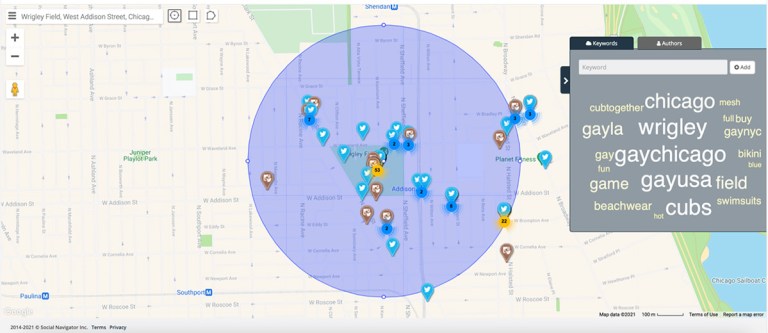 A screenshot of a geo-fence highlighting social media posts surrounding Wrigley Field in Chicago