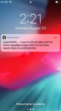 A screenshot of a Notification sent from the Navigator app