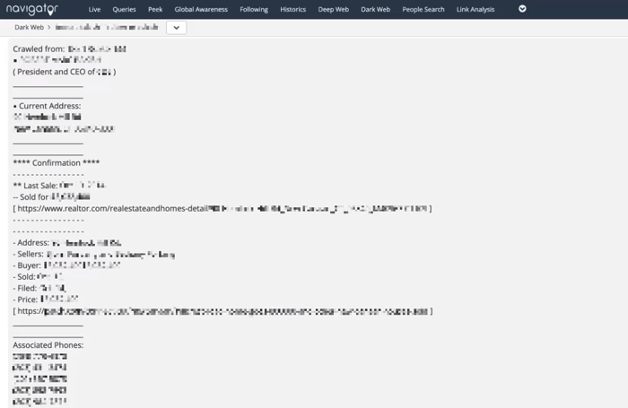 Leaked personal information of a senior executive on the darknet, including wi-fi passwords, home address, and family member details, discovered by Navigator.