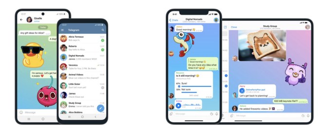 Mobile devices displaying screenshots from the messaging app, Telegram.