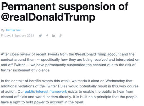 Screenshot of Twitter's press release detailing the suspension of Donlad Trump from Twitter