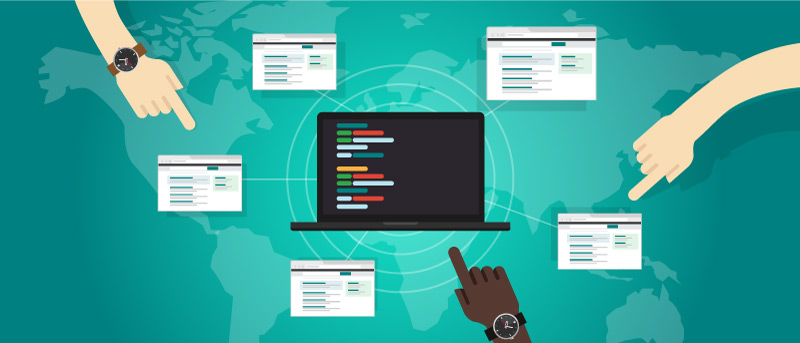 Illustration of laptop highlighting multiple web sources over a world map