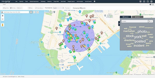 Navigator’s geofence feature highlighting recent social media activity in Lower Manhattan. 