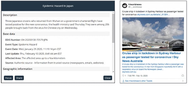 Screenshot of Epidemic hazard in Japan and a social media post about a cruiseship stuck in Sydney Harbor