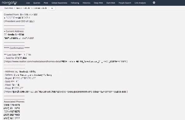 Leaked personal information of a senior executive on the darknet, including wi-fi passwords, home address, and family member details, discovered by Navigator.