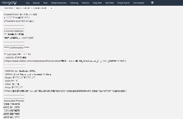 Doxxed personal information of a corporate executive on the darknet, including wi-fi passwords, home address, and family member details, discovered by Navigator.