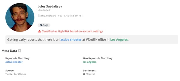A screenshot of a social media post referencing reports of an active shooter at the Netflix office in Los Angeles