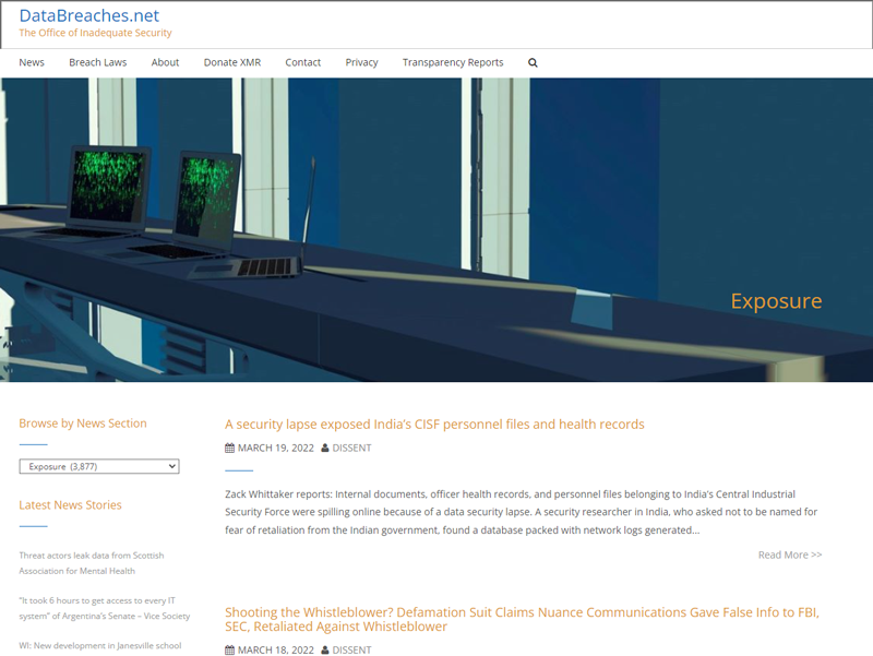 A screenshot of DataBreaches.net