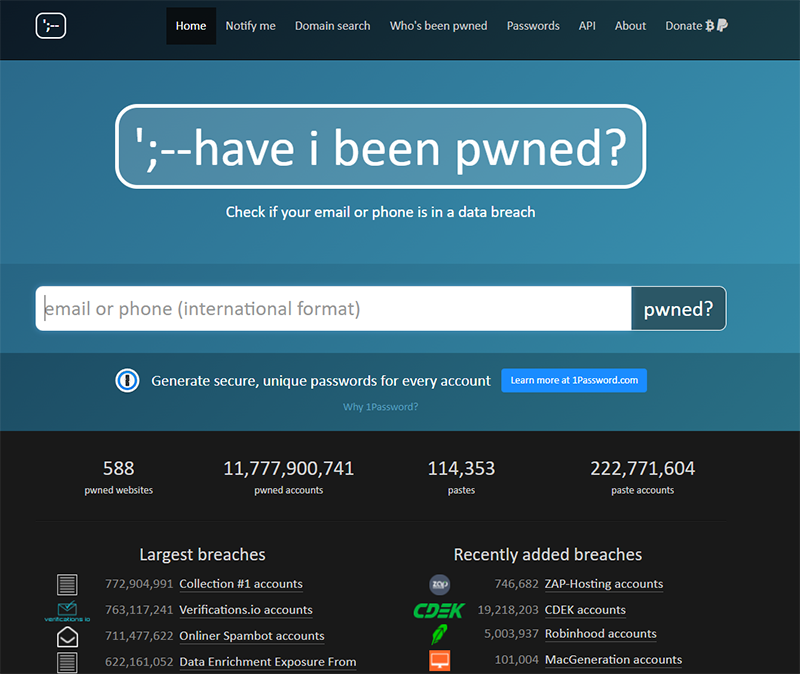 A screenshot of Have I Been Pwned