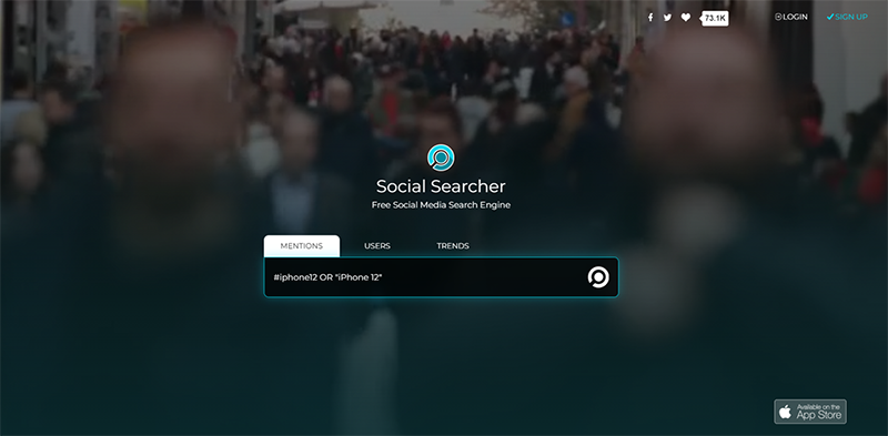 A screenshot of SocialSearcher.com