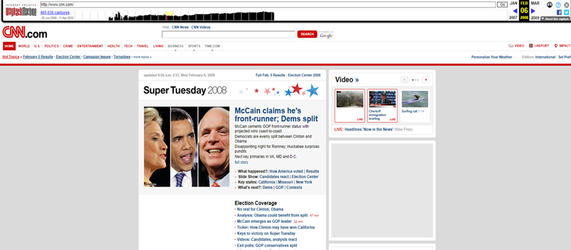 The homepage of CNN.com on February 6, 2008, captured by the Wayback Machine.