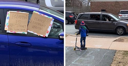 Two pictures of drive-by birthday wishes during the COVID-19 pandemic.