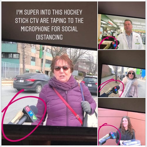 A collage of resporters using a microphone that has been taped hockey stick to ensure physical distance.