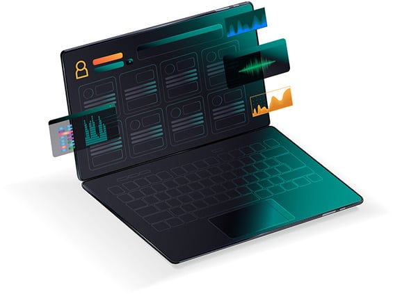 An illustration of a laptop with various datapoints displayed on the screen.