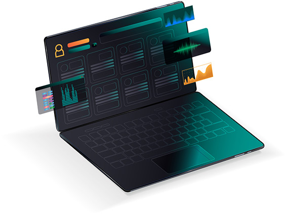 Illustration of a laptop with various datapoints displayed demonstrating the analytics feature of LifeRaft’s OSINT platform.