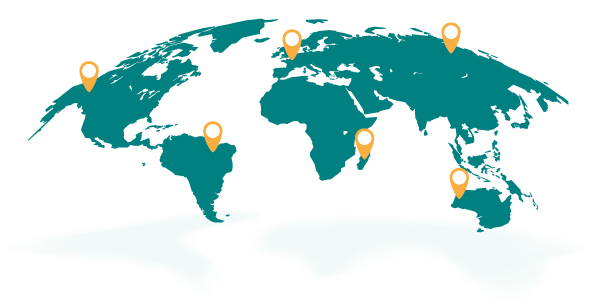 Illustration of the globe with drop pin markers on each continent demonstrating LifeRaft’s OSINT platform global reach